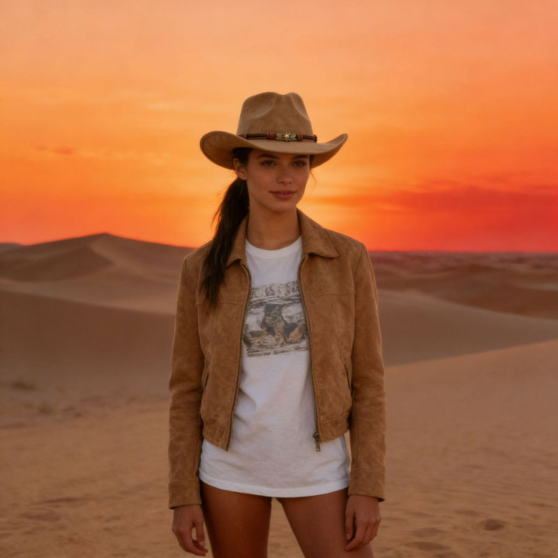 Faux suede western cowboy hat in camel worn by model