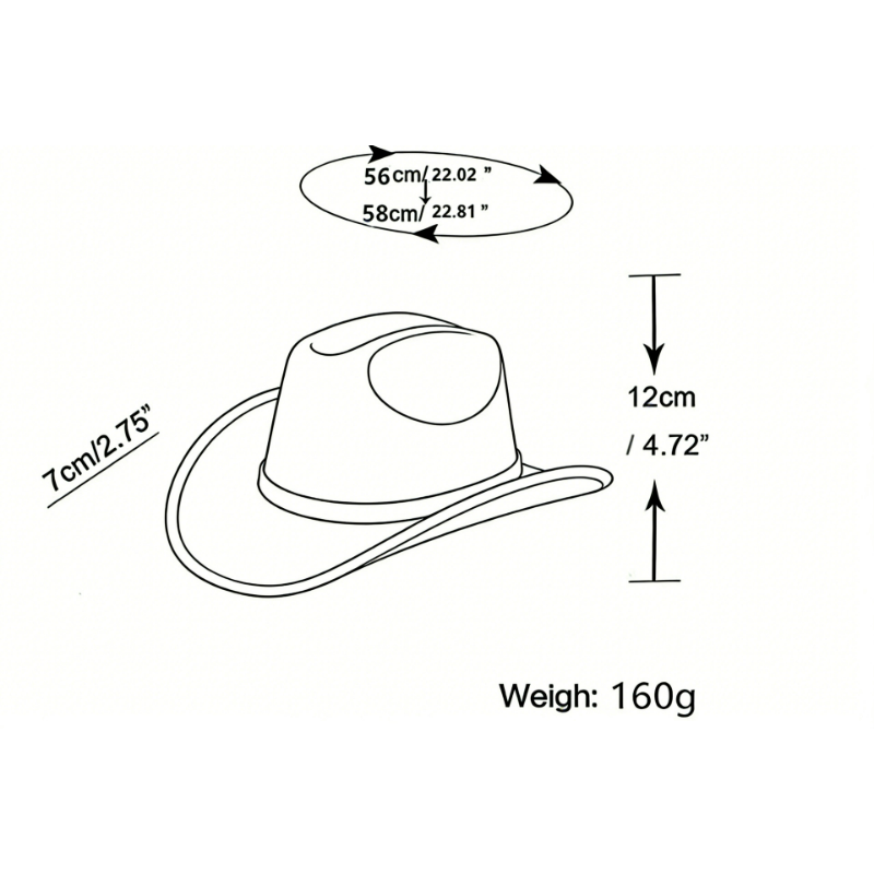  Faux suede western cowboy hat dimensions and size chart diagram