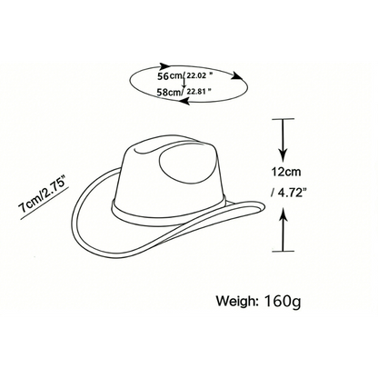  Faux suede western cowboy hat dimensions and size chart diagram