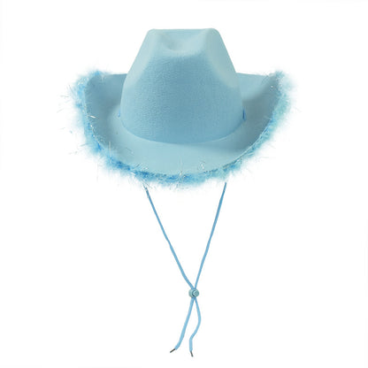 Light blue felt cowboy hat with silver tinsel feather boa brim and chin cord