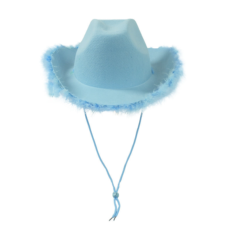 Light blue felt cowboy hat with classic fluffy feather boa brim and chin cord