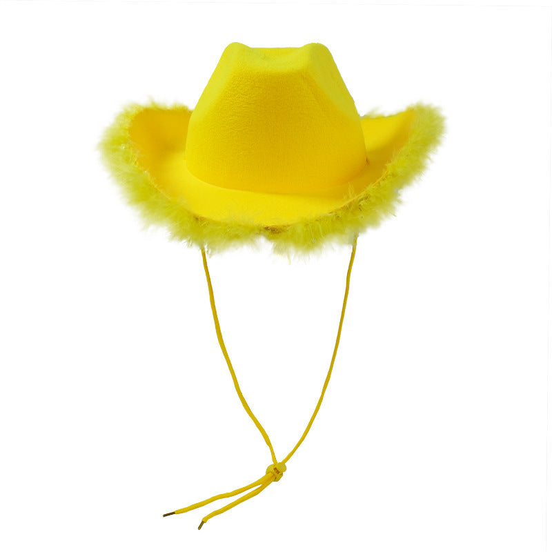 Yellow felt cowboy hat with classic fluffy feather boa brim and chin cord
