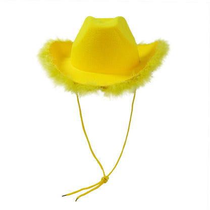 Yellow felt cowboy hat with classic fluffy feather boa brim and chin cord