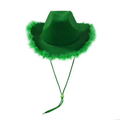 Green felt cowboy hat with classic fluffy feather boa brim and chin cord