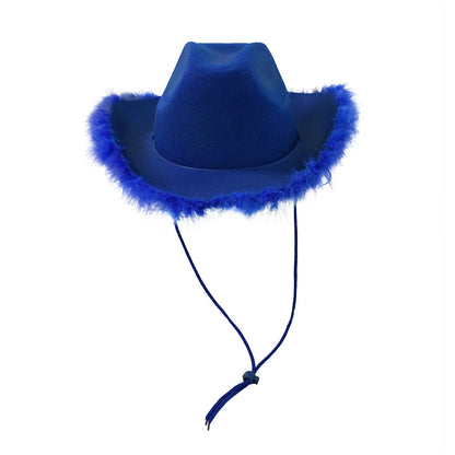 Royal blue felt cowboy hat with classic fluffy feather boa brim and chin cord