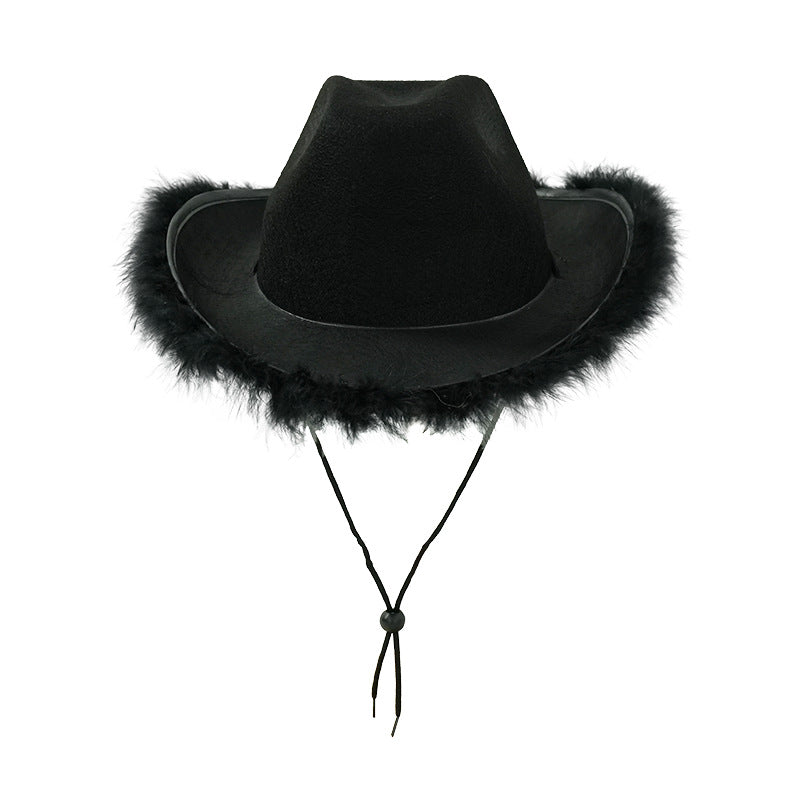 Black felt cowboy hat with classic fluffy feather boa brim and chin cord