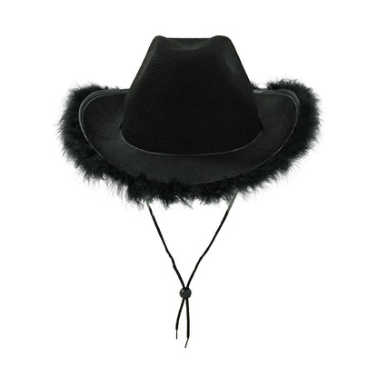 Black felt cowboy hat with classic fluffy feather boa brim and chin cord