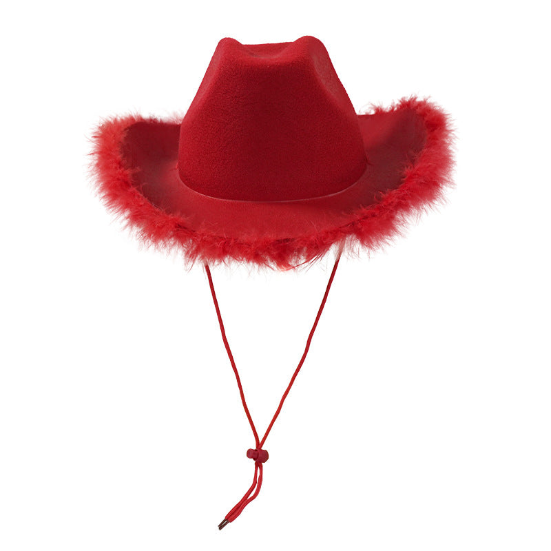 Red felt cowboy hat with classic fluffy feather boa brim and chin cord