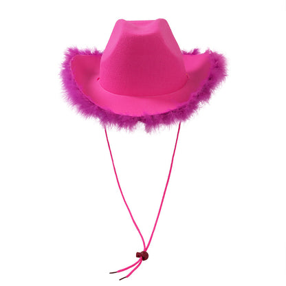 Rose red felt cowboy hat with classic fluffy feather boa brim and chin cord