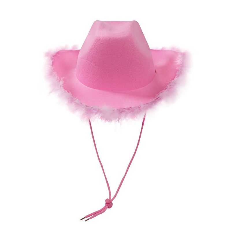 Pink felt cowboy hat with classic fluffy feather boa brim and chin cord