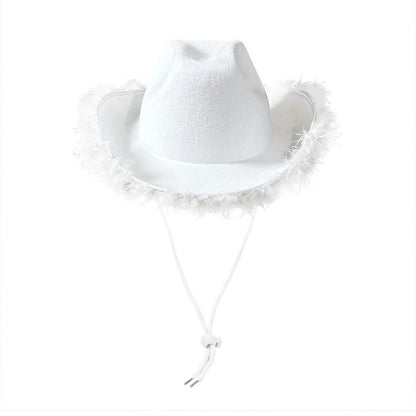 White felt cowboy hat with classic fluffy feather boa brim and chin cord