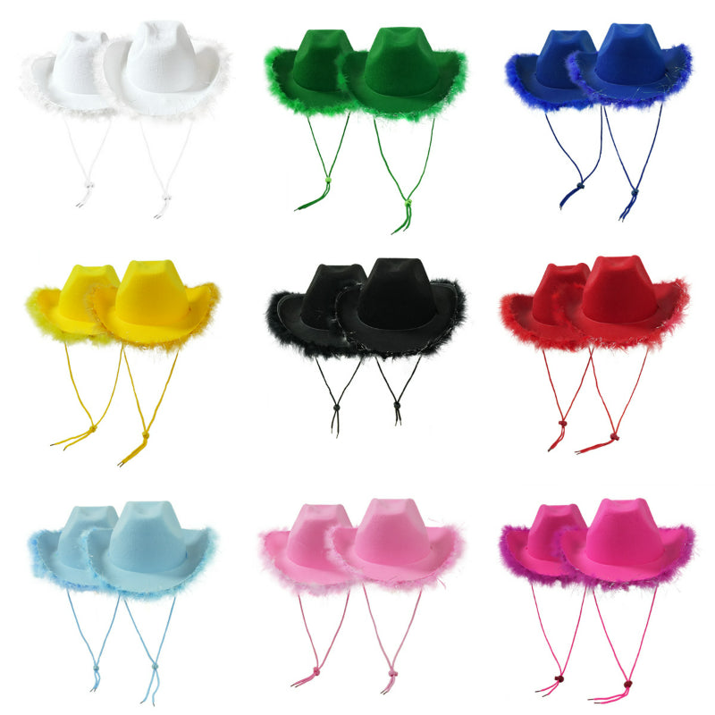 Wholesale feather boa brim cowboy hats in multiple vibrant colors for bachelorette party