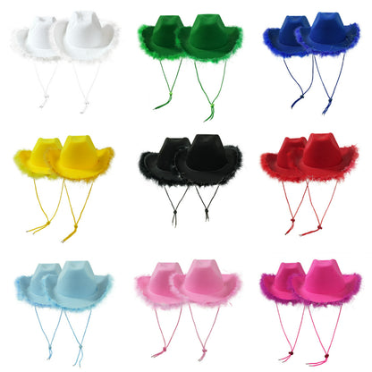 Wholesale feather boa brim cowboy hats in multiple vibrant colors for bachelorette party