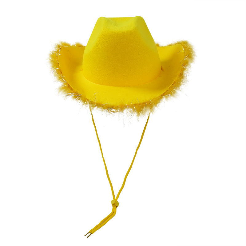 Yellow felt cowboy hat with silver tinsel feather boa brim and chin cord