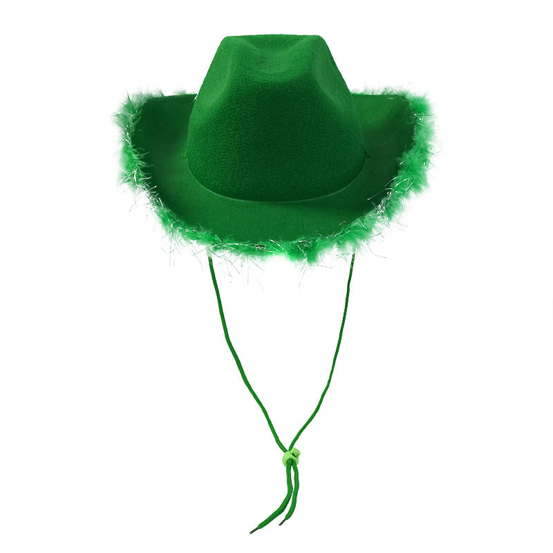Green felt cowboy hat with silver tinsel feather boa brim and chin cord