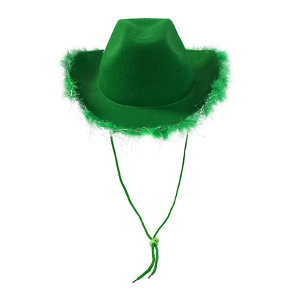 Green felt cowboy hat with silver tinsel feather boa brim and chin cord