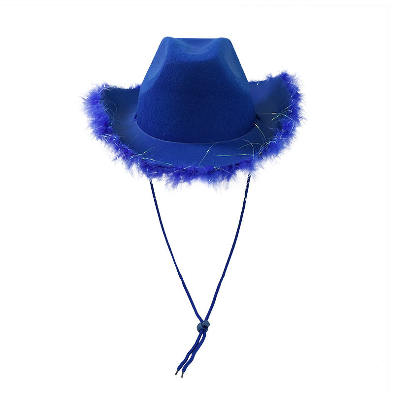 Royal blue felt cowboy hat with silver tinsel feather boa brim and chin cord