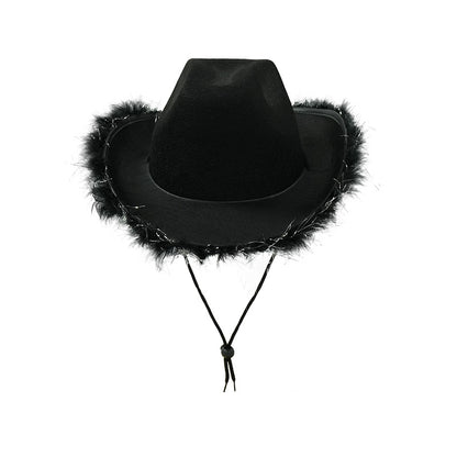 Black felt cowboy hat with silver tinsel feather boa brim and chin cord