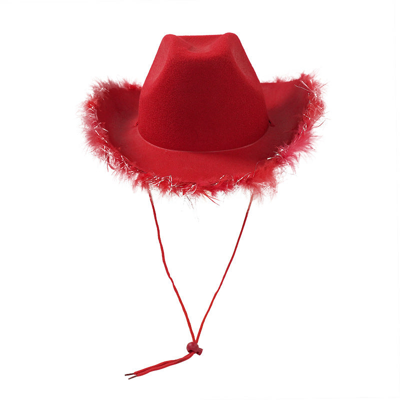 Red felt cowboy hat with silver tinsel feather boa brim and chin cord