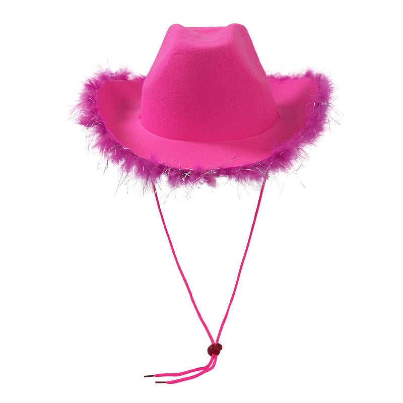 Rose red felt cowboy hat with silver tinsel feather boa brim and chin cord