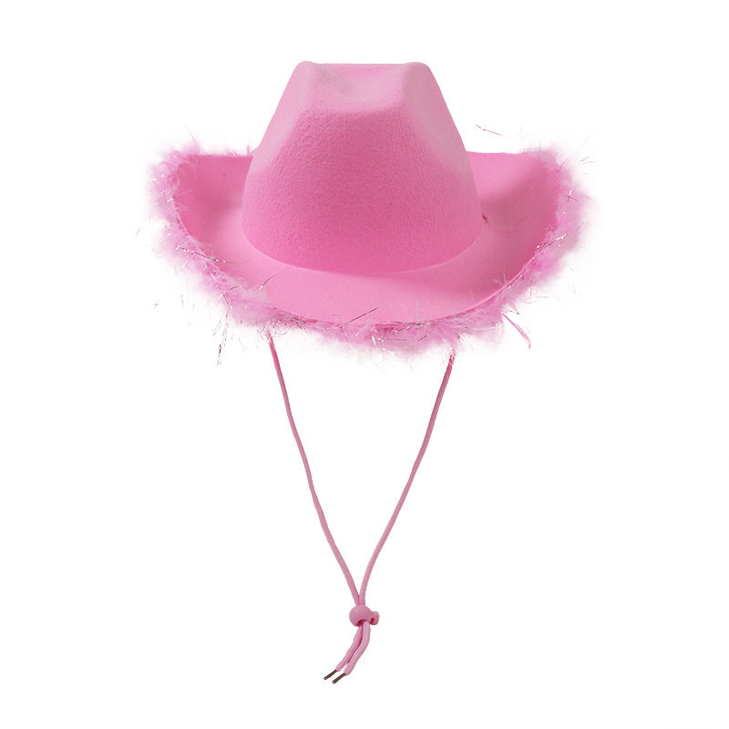 Pink felt cowboy hat with silver tinsel feather boa brim and chin cord