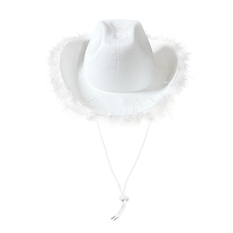 White felt cowboy hat with silver tinsel feather boa brim and chin cord