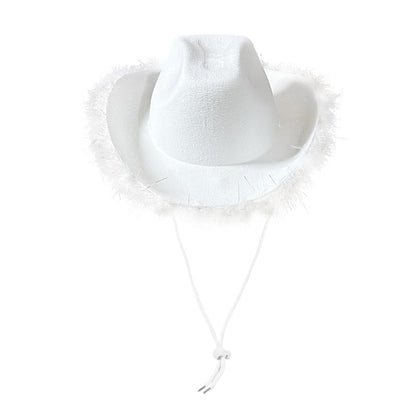 White felt cowboy hat with silver tinsel feather boa brim and chin cord