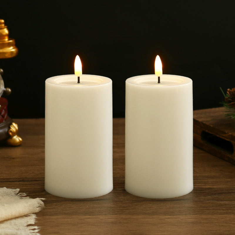 Flat top LED pillar candle 2-piece set in natural white without remote