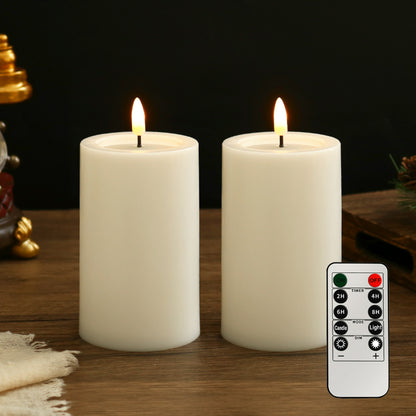 Flat top LED pillar candle 2-piece set in natural white with remote control