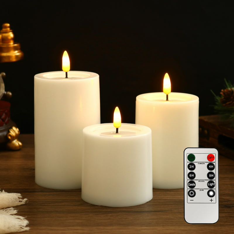 Flat top LED pillar candle 3-piece tiered set in natural white with remote control