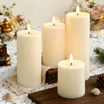 Flat top LED pillar candle multi-height cluster arrangement for holiday tablescape
