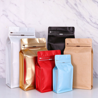 Coffee valve bag multi-color tiered display comparing assorted colors and capacity profiles
