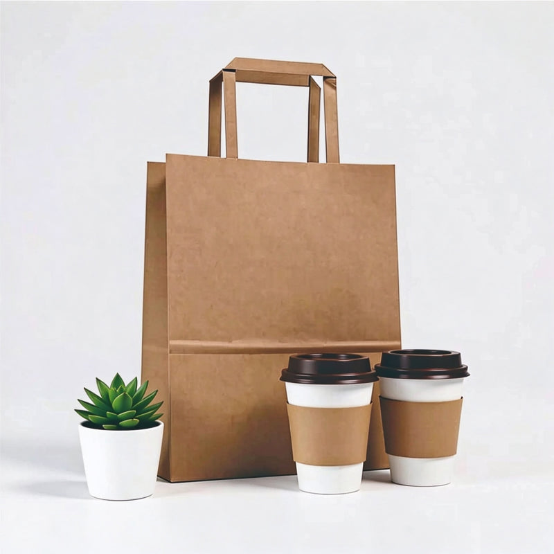 Flat handle kraft bag tall vertical profile with fold-over paper handles and expandable gussets