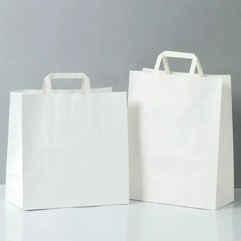 Flat handle kraft bag bleached white paper sacks showing square bottom and upright handles