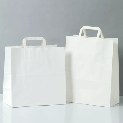 Flat handle kraft bag bleached white paper sacks showing square bottom and upright handles