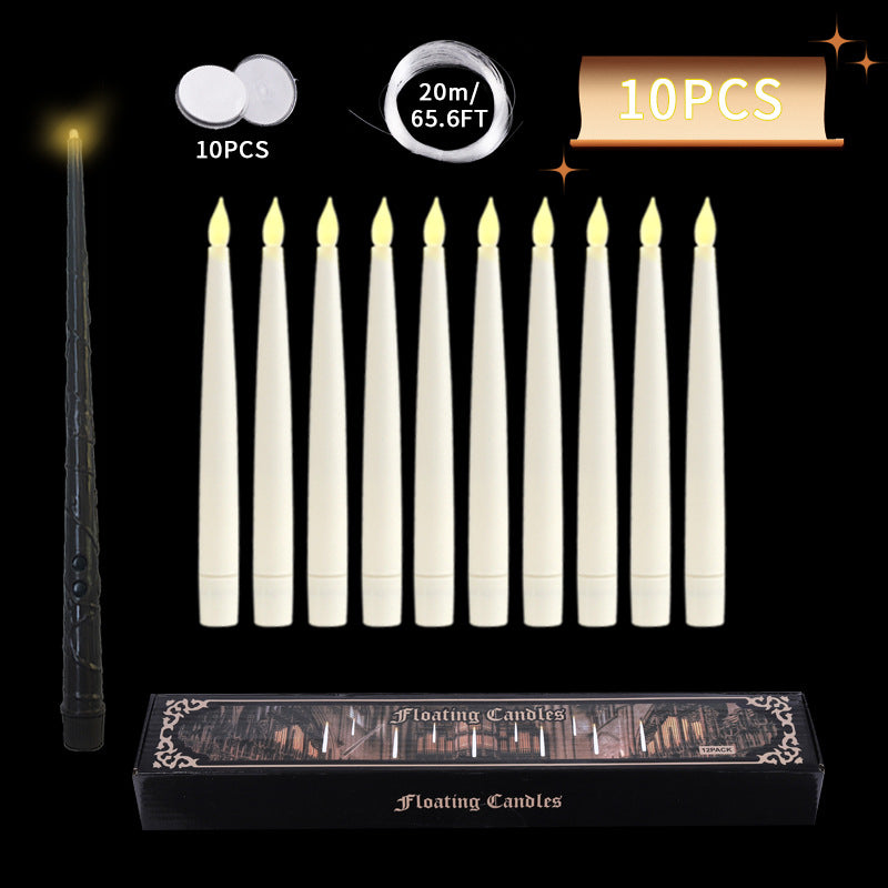 Floating LED taper candle unstrung 10-piece set with magic wand remote and box