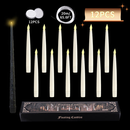 Floating LED taper candle unstrung 12-piece set with magic wand remote and box