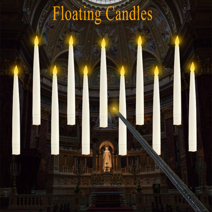 Floating LED taper candle magic wand remote activation in gothic hall venue