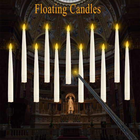 Floating LED taper candle magic wand remote activation in gothic hall venue