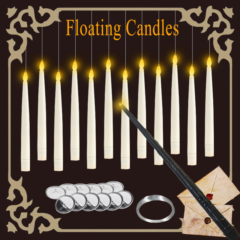 Floating LED taper candle complete boxed set with wand remote hooks and hanging line