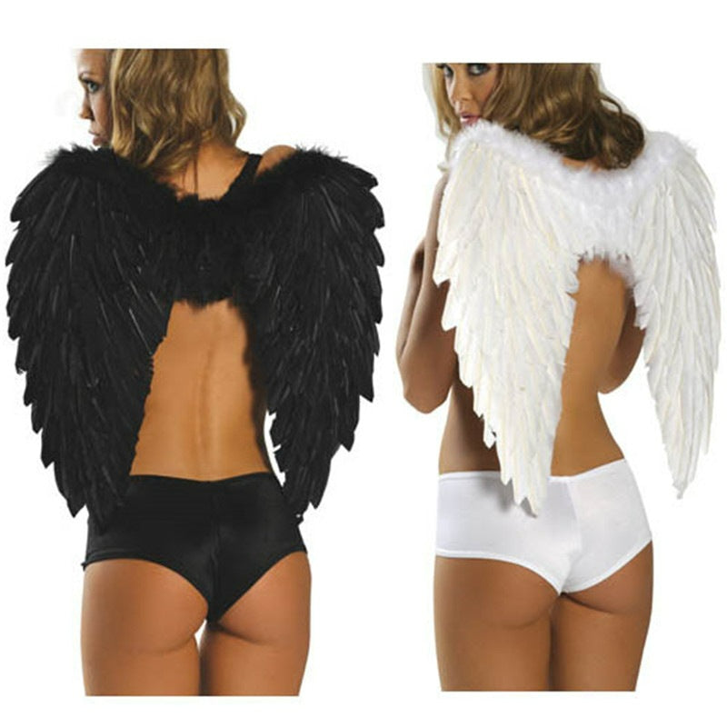 Feather angel wings black and white model rear view