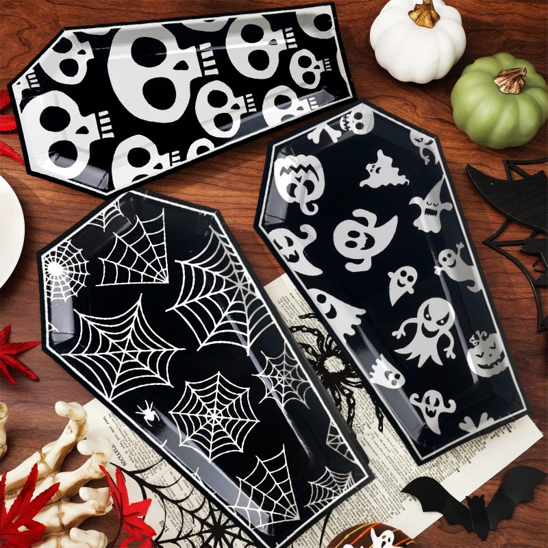 Halloween Coffin Shaped Paper Plates | Ghost & Bone Disposable Dinnerware | Party Supplies (C1-C6 Designs, 10 pieces/pack)
