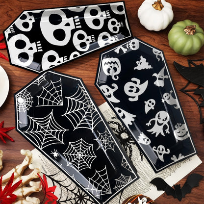 Halloween Coffin Shaped Paper Plates | Ghost & Bone Disposable Dinnerware | Party Supplies (C1-C6 Designs, 10 pieces/pack)