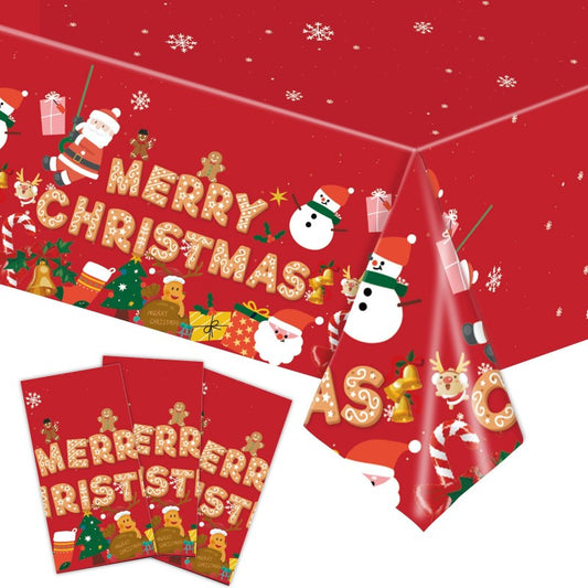 Disposable Christmas Party Tablecloth – Red Snowflake & Gingerbread Man PE Waterproof Cover for Holiday, Wedding & Festive Table Decor