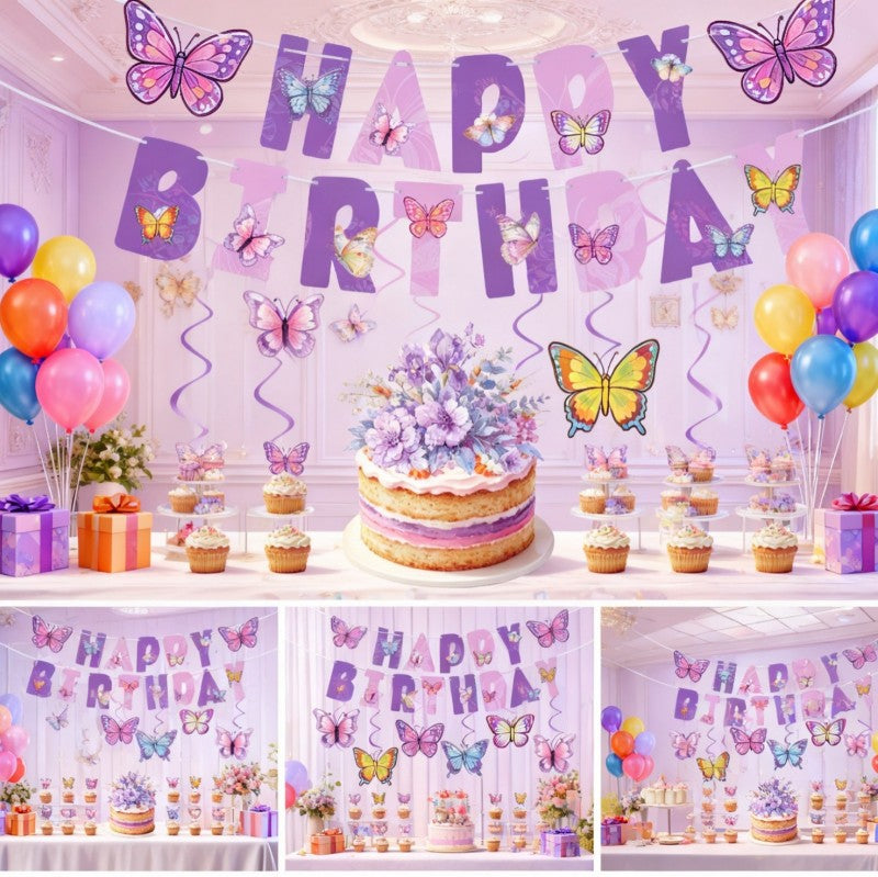 Butterfly & Letters Birthday Bunting Set – Themed Party Banner for Girls, Hanging Garland & Cake Picks Decoration Kit