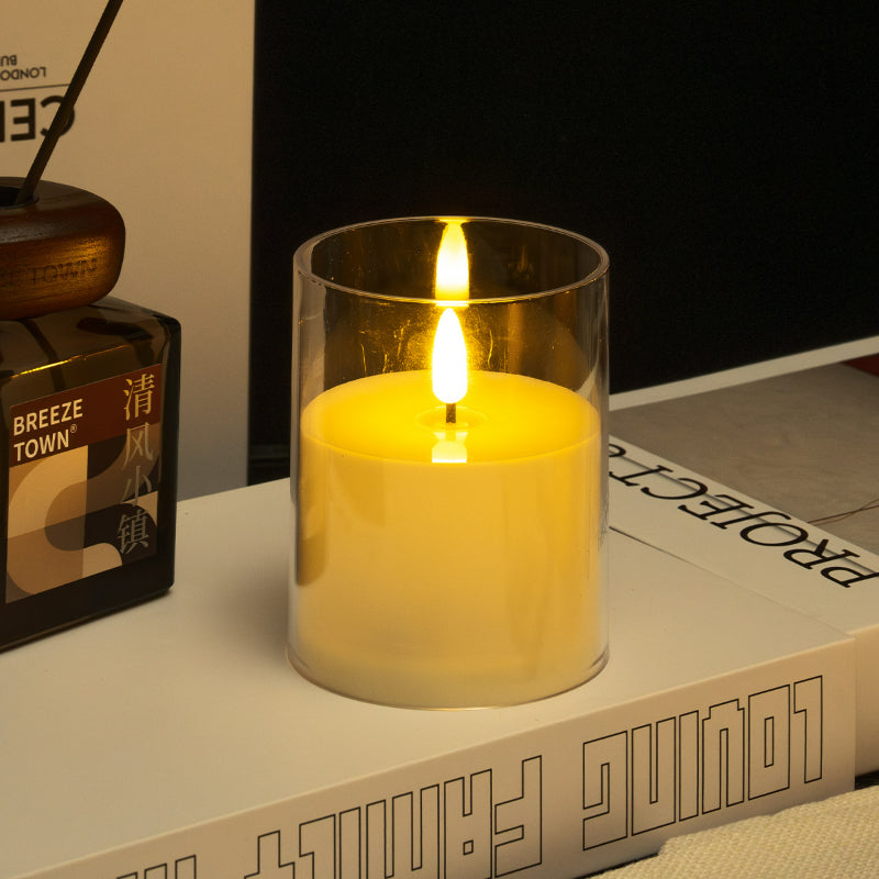 Glass cylinder LED candle ivory teardrop wick 7.5x10cm