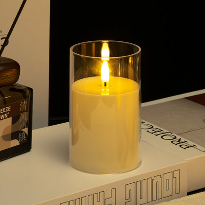 Glass cylinder LED candle ivory teardrop wick 7.5x12.5cm