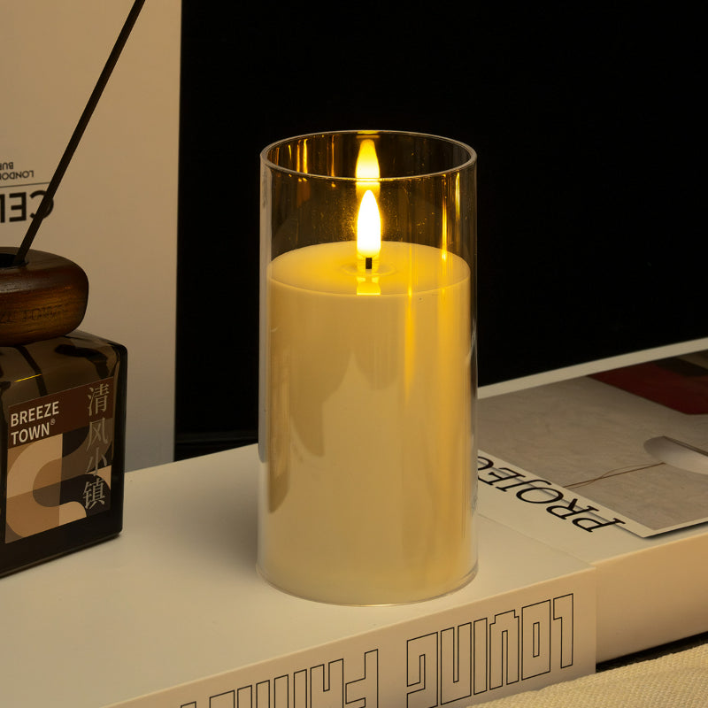 Glass cylinder LED candle ivory teardrop wick 7.5x15cm