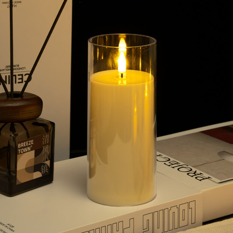 Glass cylinder LED candle ivory teardrop wick 7.5x17.5cm