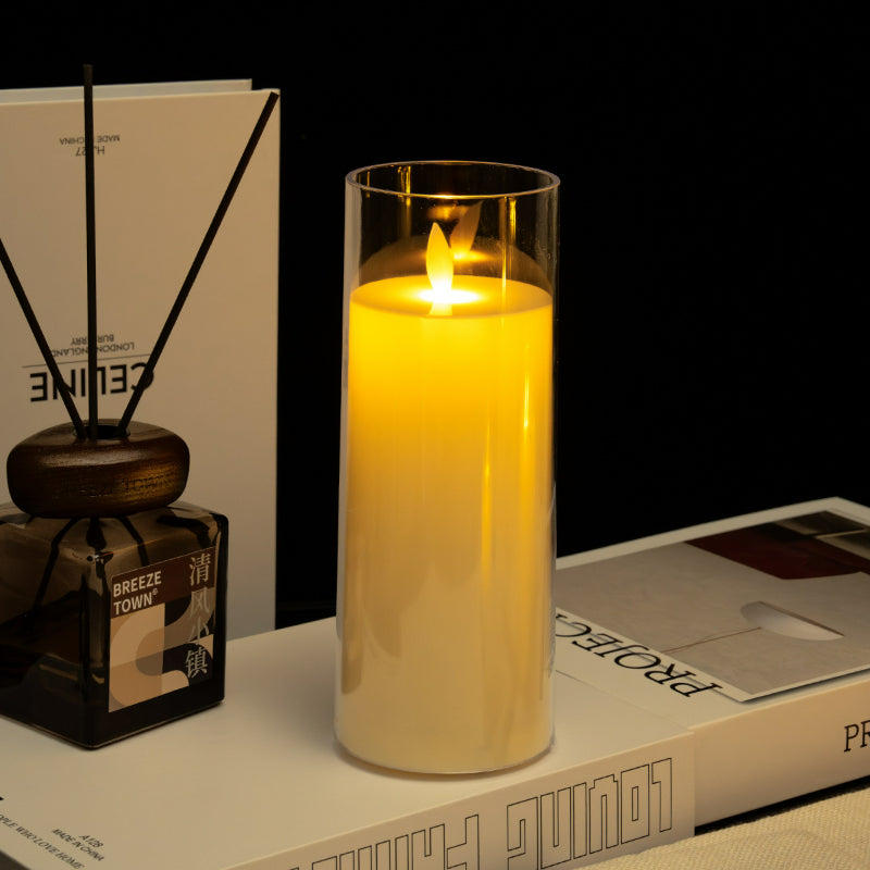 Glass cylinder LED candle ivory moving flame 7.5x20cm